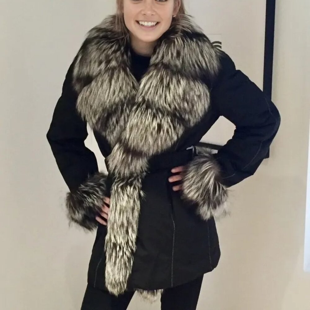 HOLT RENFREW black belted coat w/ oversized fur shawl collar & cuffs.NEVer
